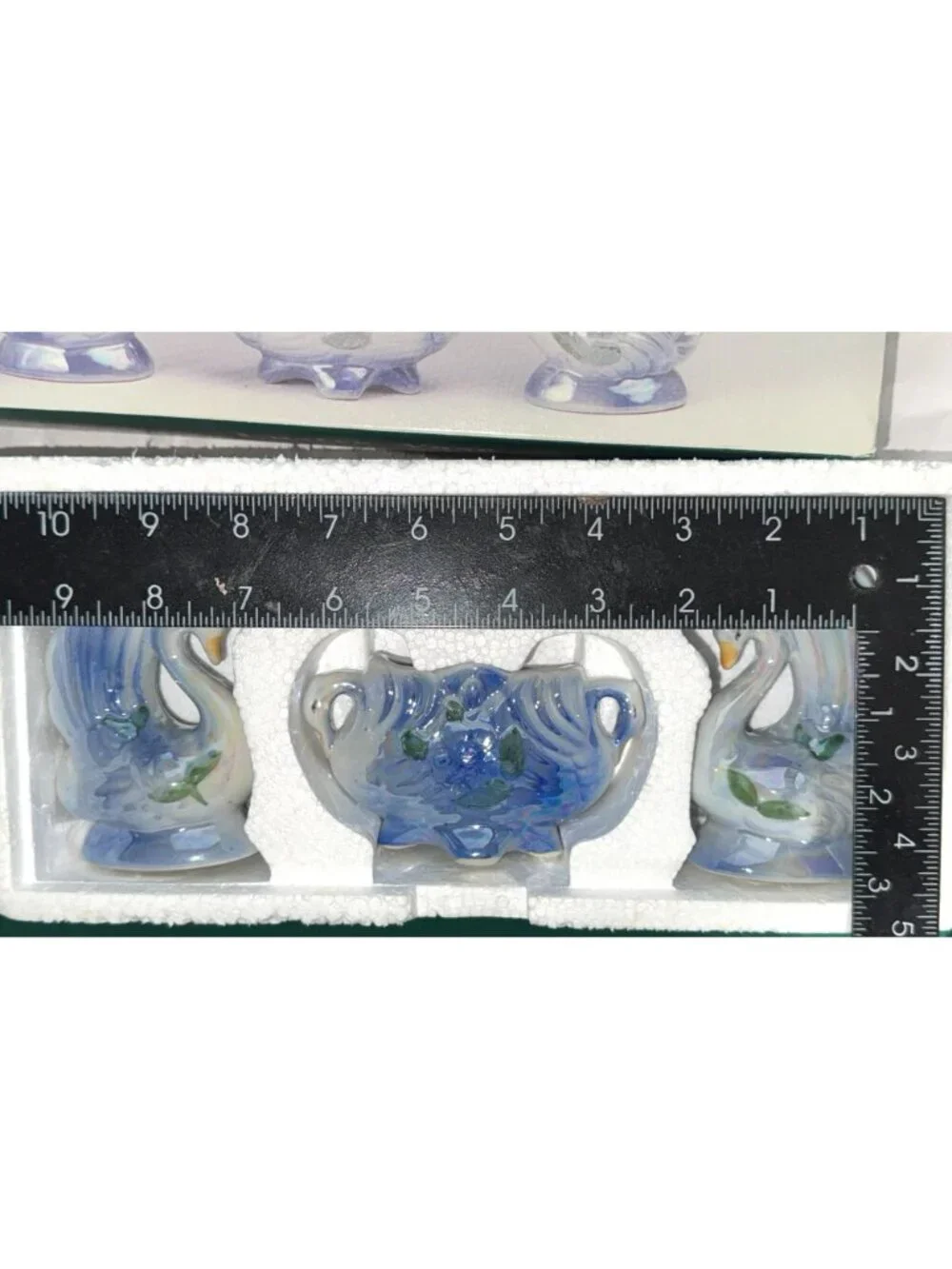 Lustre Vase 3-Piece Set Ceramic Swan Design Iridescent Finish Floral Detailing